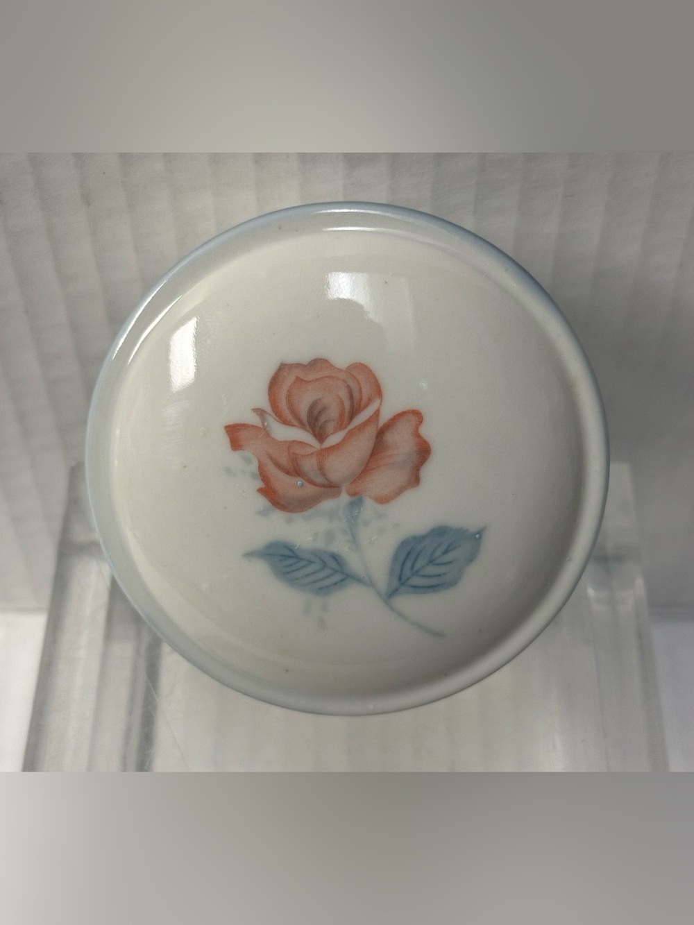 Vintage Otagiri Japan Porcelain Round Trinket Box Pink Rose Blue Trim